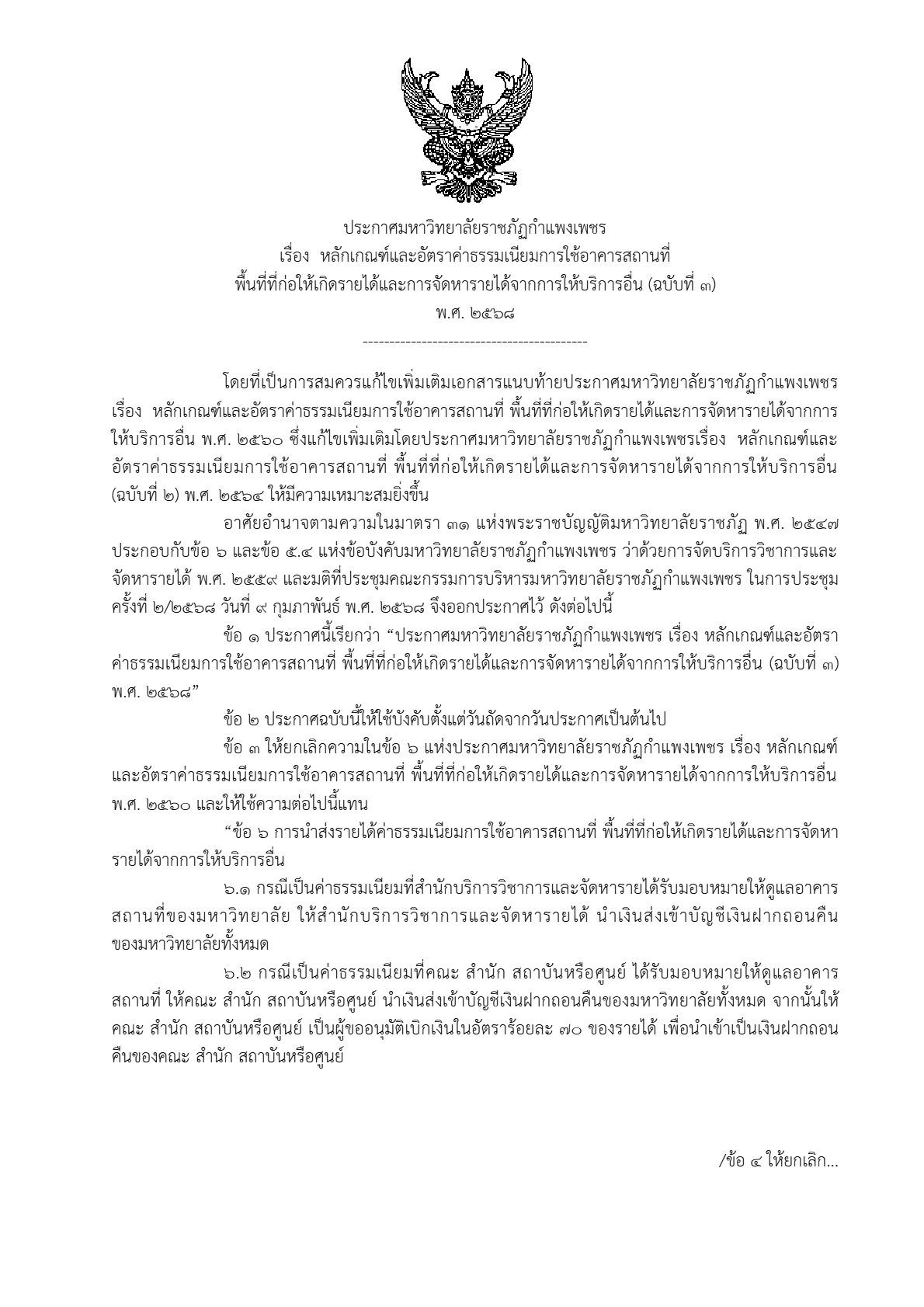 ประกาศ มรภ.กพ. เรื่อง หลักเกณฑ์และอัตราค่าธรรมเนียมการใช้อาคารสถานที่พื้นที่ที่ก่อให้เกิดรายได้และการจัดหารายได้จากการให้บริการอื่น (ฉบับที่ ๓) พ.ศ.2568